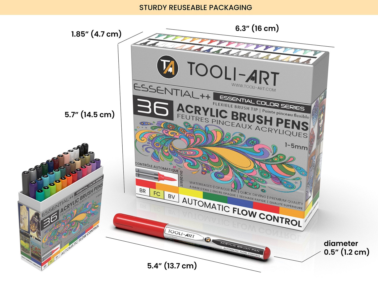 36 Essential Flexible Brush Acrylic Paint Pens AUTOMATIC FLOW CONTROL 1-5mm