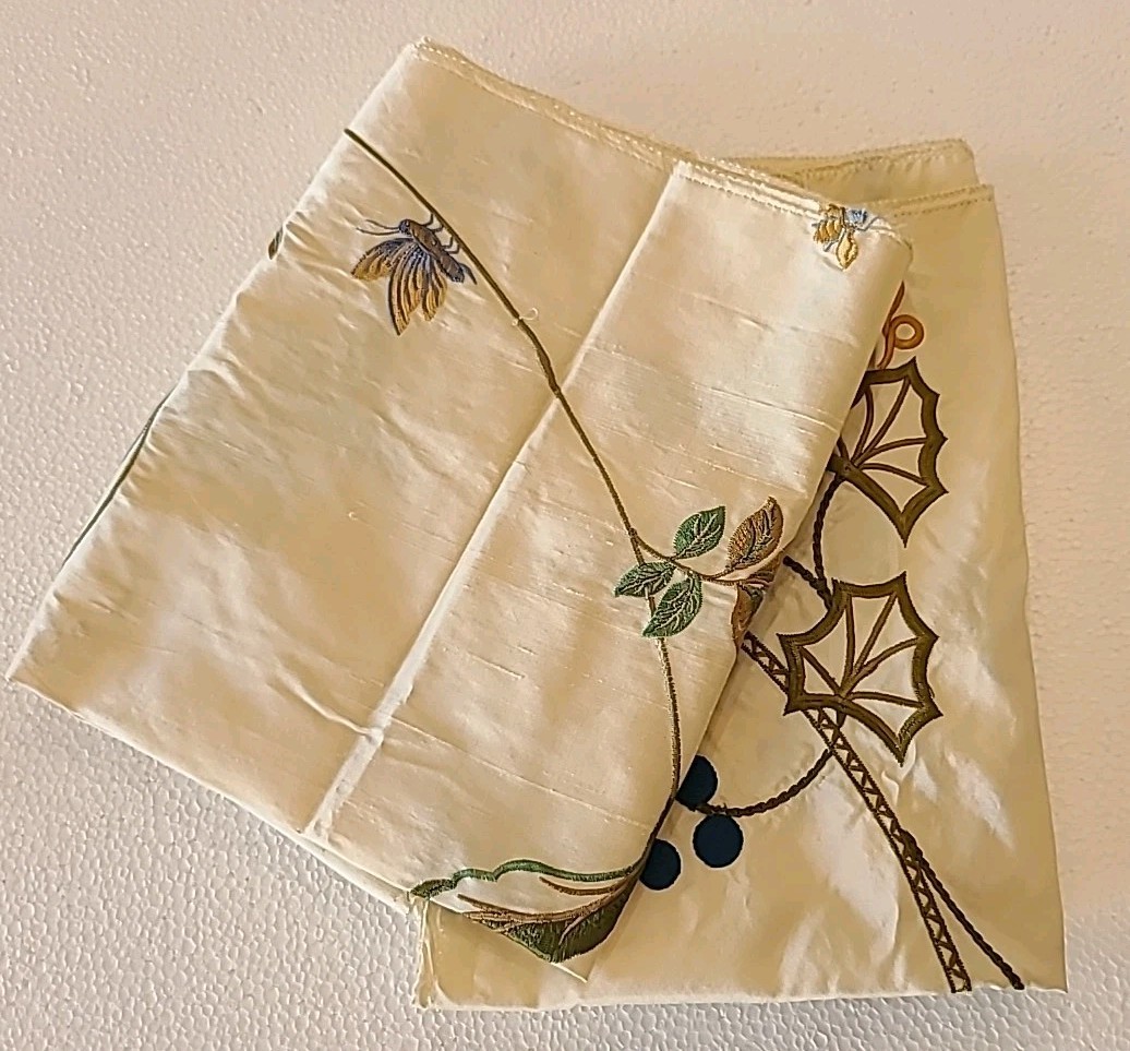 Designer Fabric Silk Samples Floral Butterfly Embroidered Cream Green Rose India