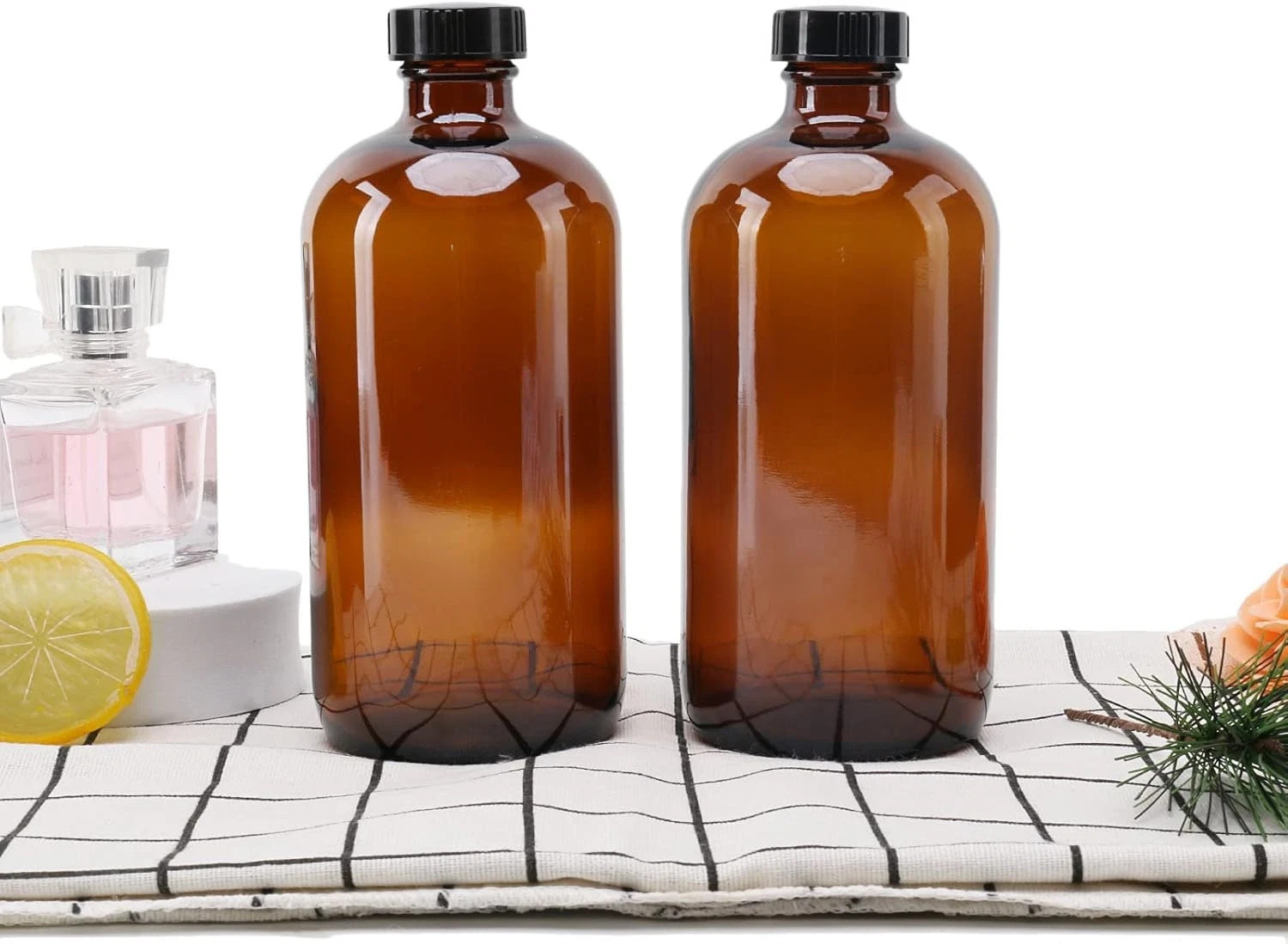 2Pcs 16Oz Amber Glass Boston round Bottles with Air Tight Seal Phenolic Poly Con