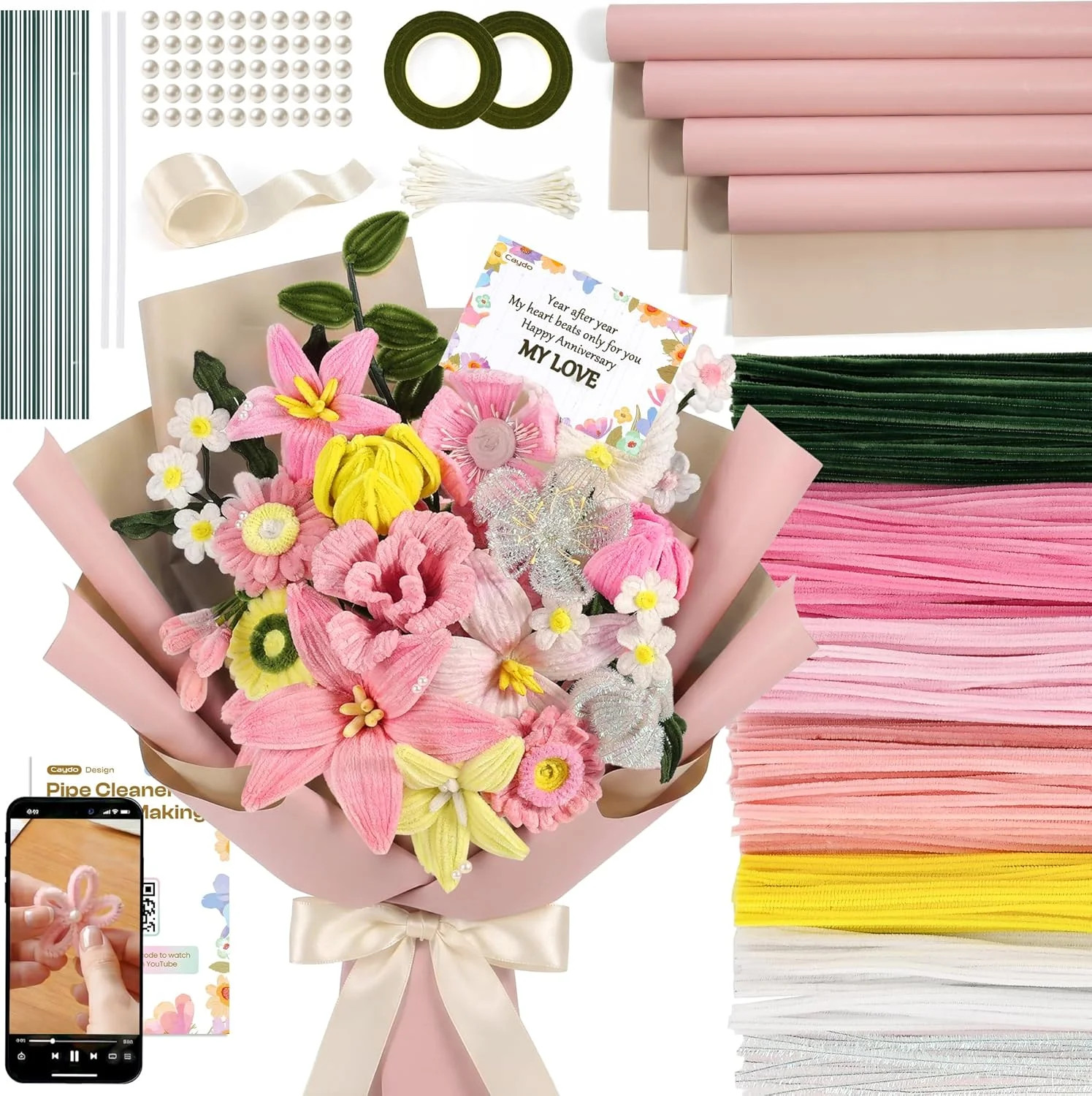 700 Pcs Pipe Cleaner Flower Kit 7 Colors 6mm x 30cm Pink