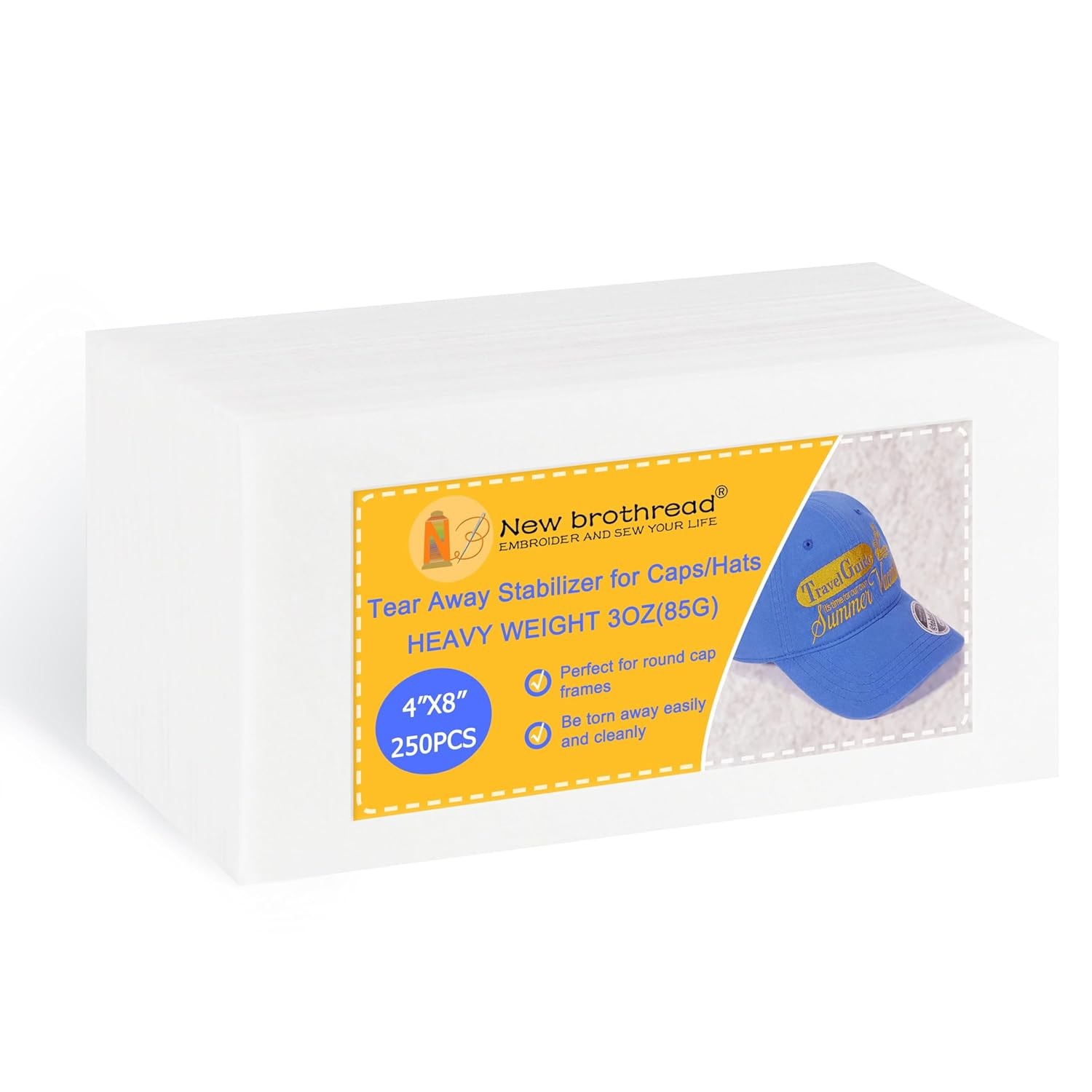 Brothread Tearaway Embroidery Stabilizer for Caps and Hats 4″ x 8″ 125 Sheets