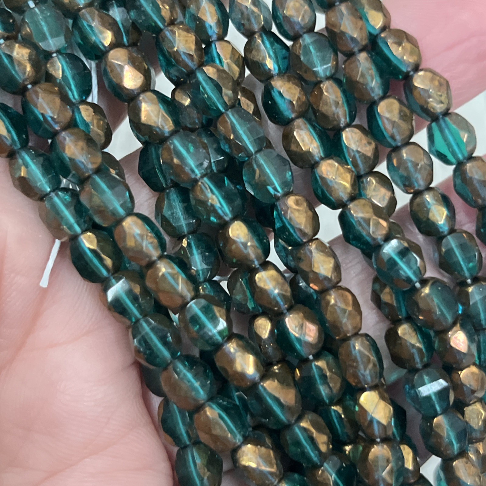 Iridescent Pressed Glass Green Gold Vintage Czech Glass 6 In Strand Beads