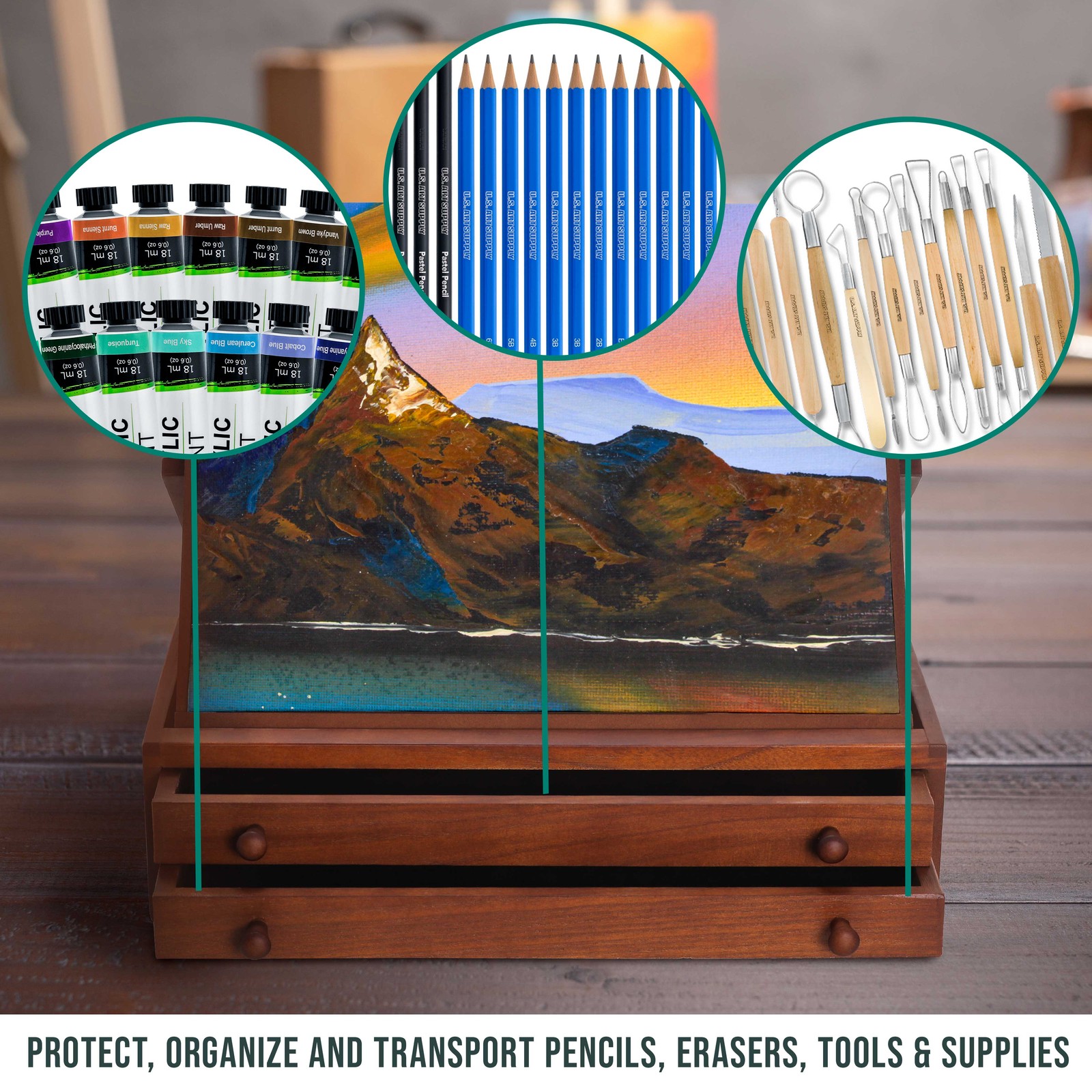 US Art Supply 2-Drawer Adjustable Wooden Storage Box with Fold Up Drawing Easel