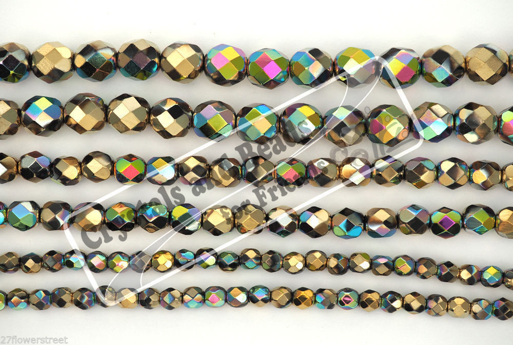 Czech Glass Fire Polished Round Beads, California Blooming Meadow Aurum Vitrail