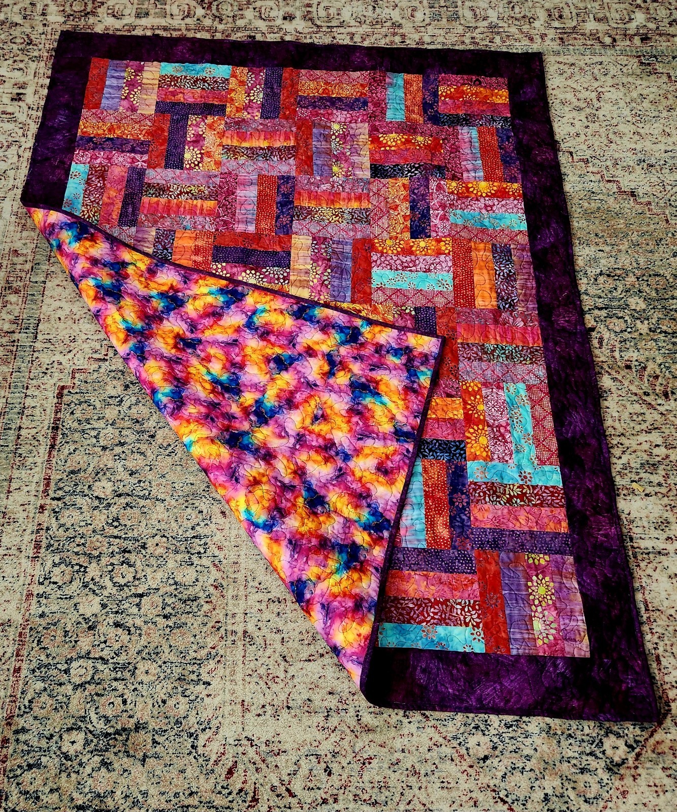 Homemade Quilt 52″ x 67″ Rail Fence pattern Modern BATIKS