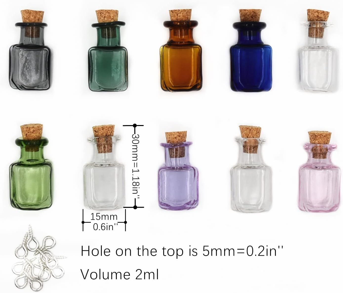 Tiny Glass Jars Mini Bottles With Cork Stoppers Square Decoration Colored 10 PCS