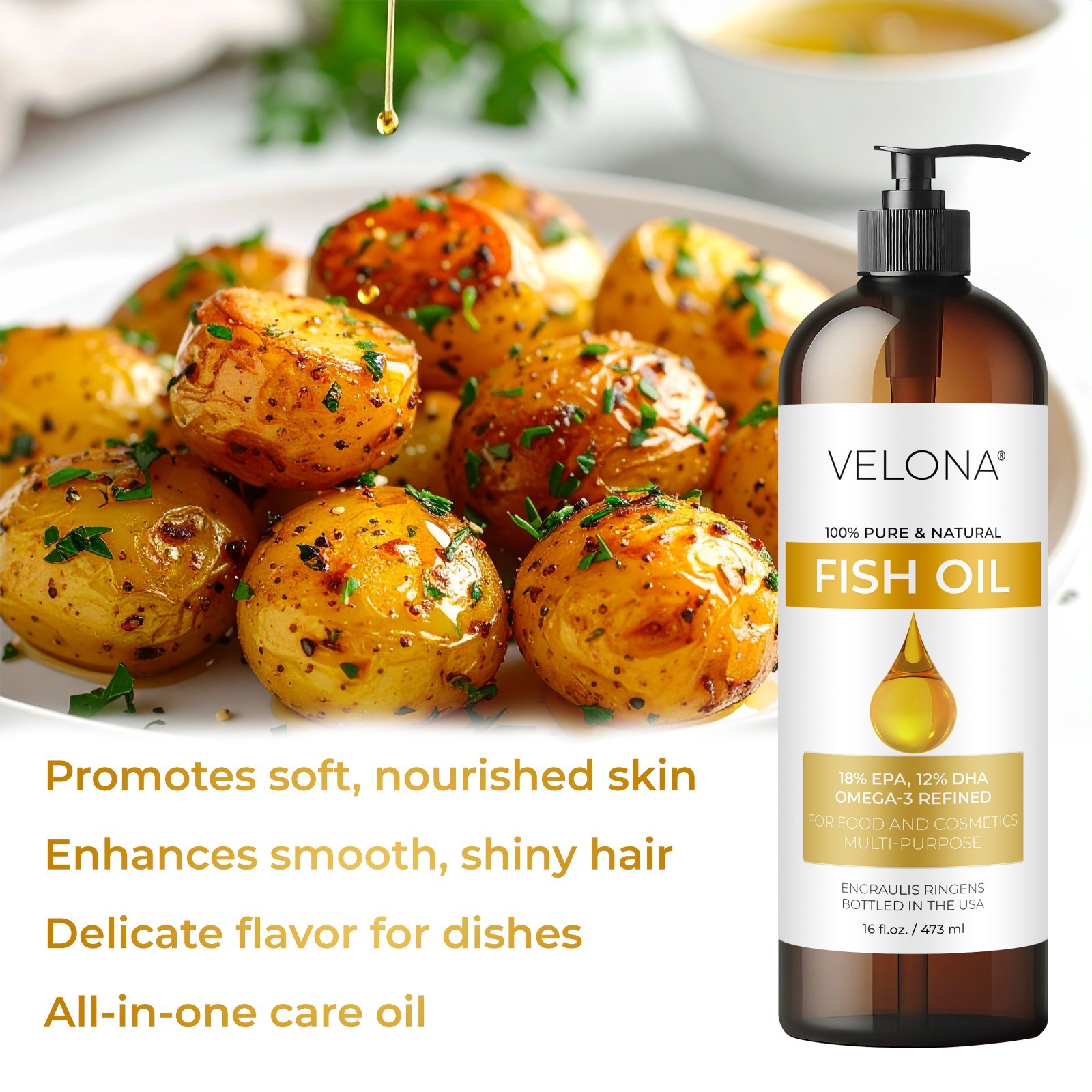 Fish Omega-3 Oil by Velona – 2oz-7lb Pure Refined Cold pressed Vitamin E, D