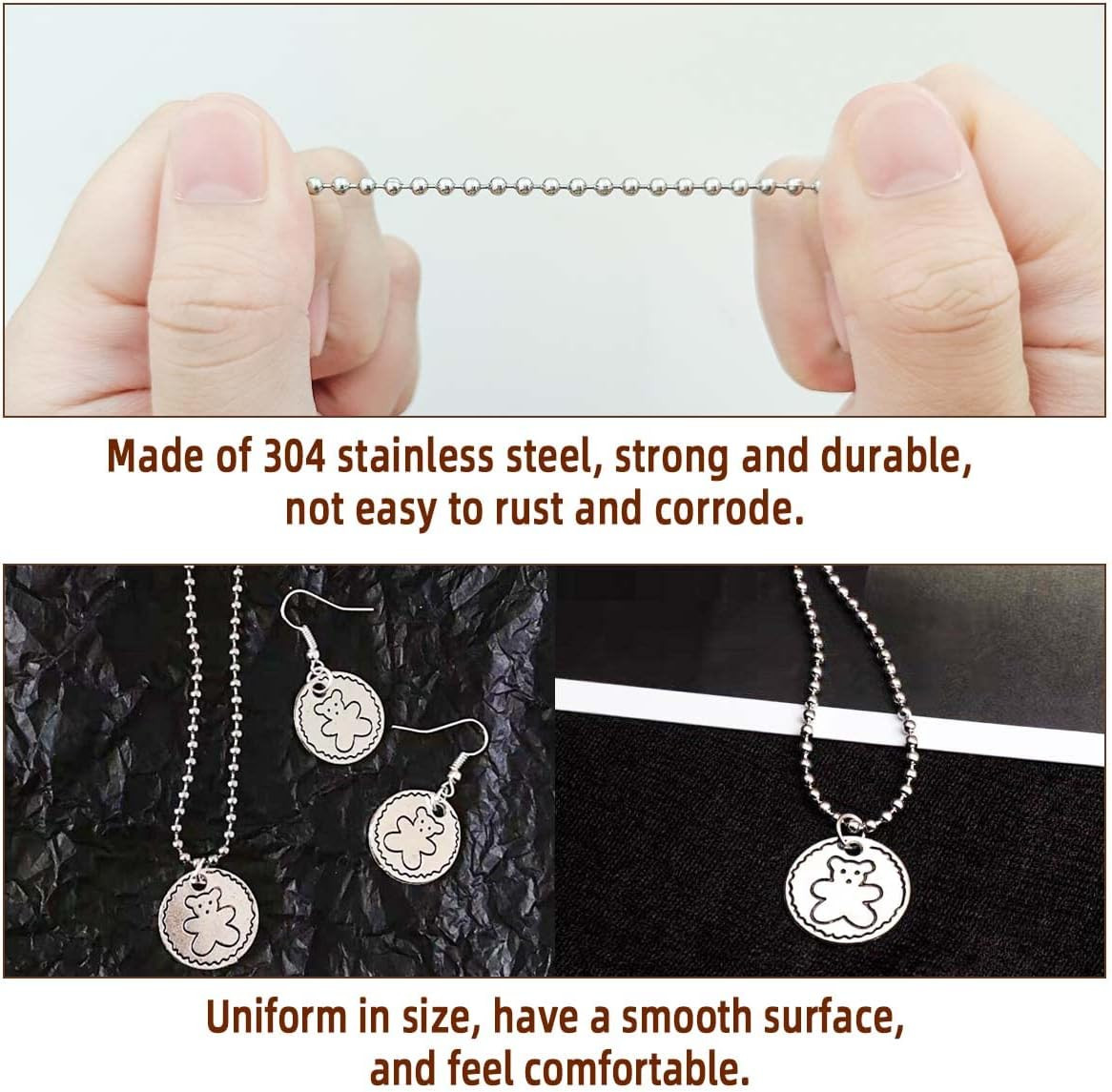 32.8Ft Stainless Steel Ball Chain 2.4mm Bead Link Chain Roll for Dog Tag