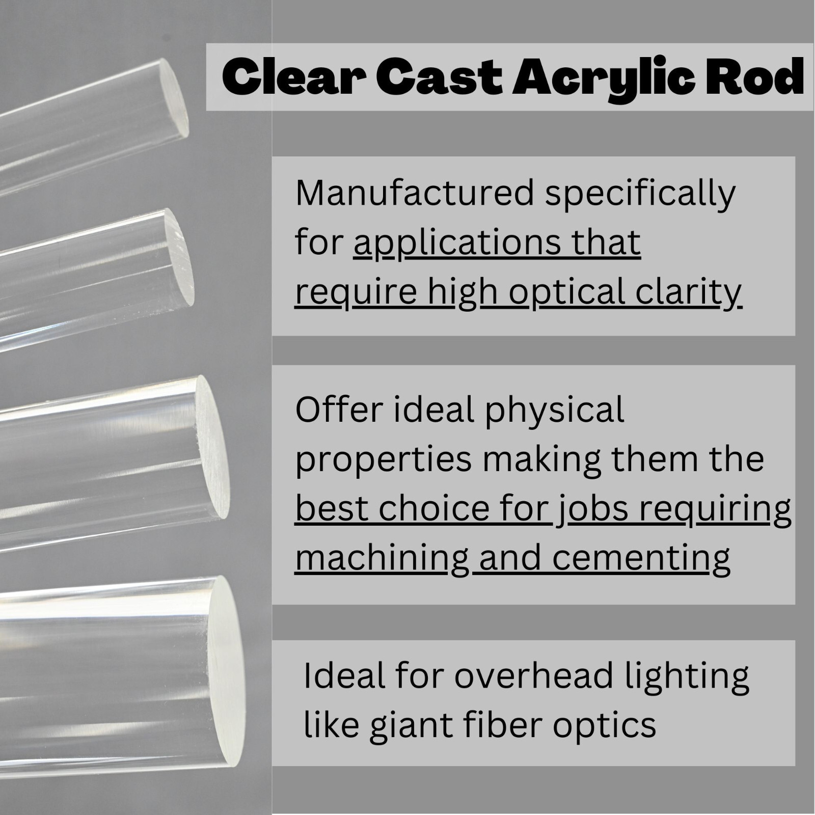 Clear Cast Acrylic Rod , Choose Size 1/4″ to 4″ Diameter; 1 ft. to 5 ft. Lengths
