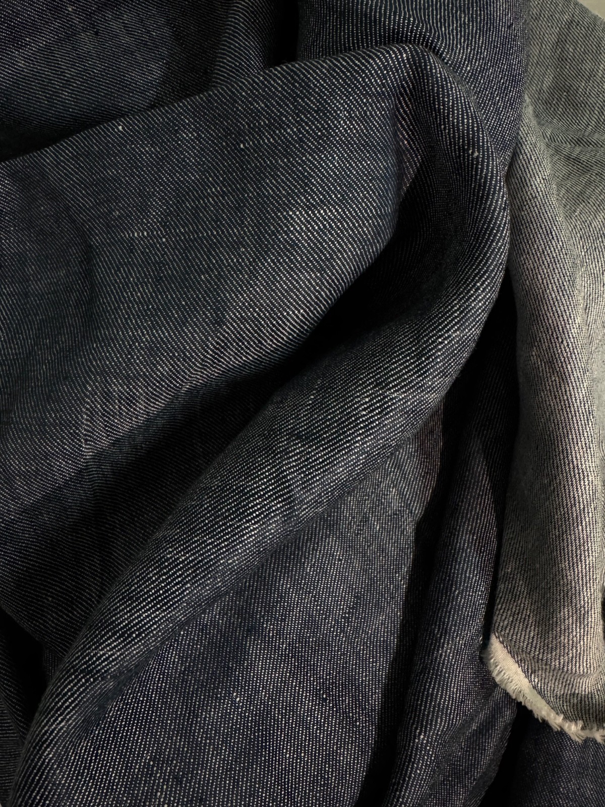 100% Flax Linen Fabric Yarn Dyed Two-Tone Dark Navy Blue /White Medium Weight