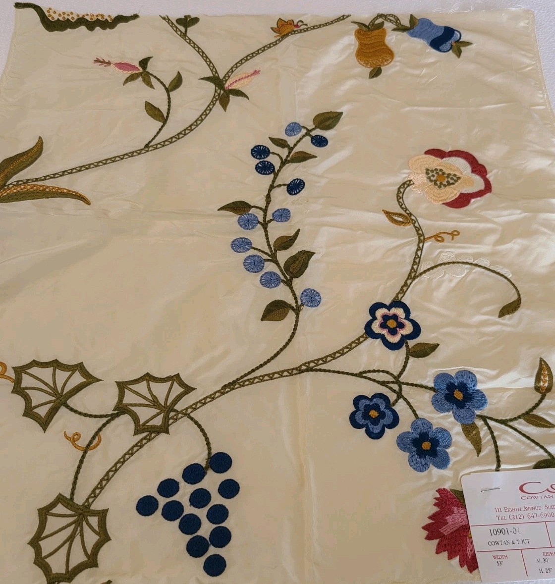 Designer Fabric Silk Samples Floral Butterfly Embroidered Cream Green Rose India