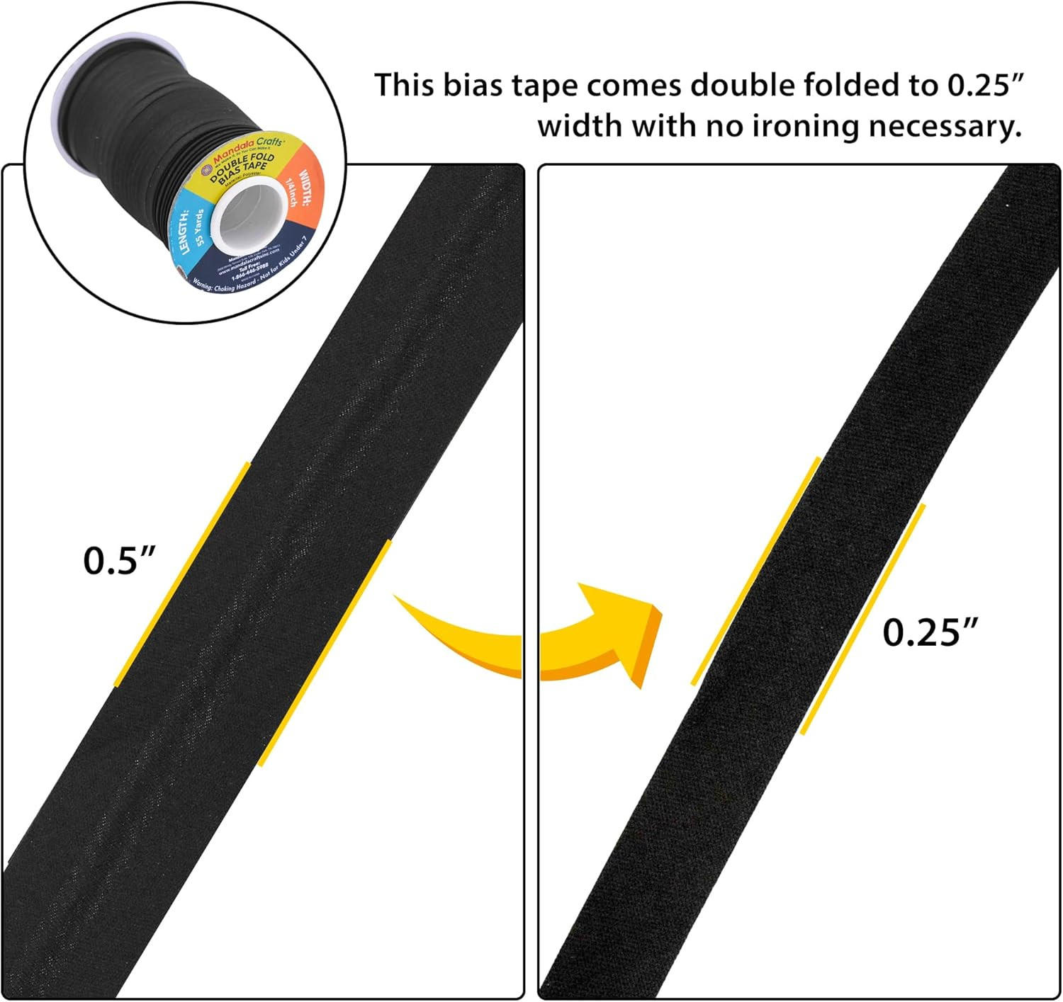 55 Yards 1/4 Inch Black Double Fold Bias Tape for Sewing – Bias Binding Tape for