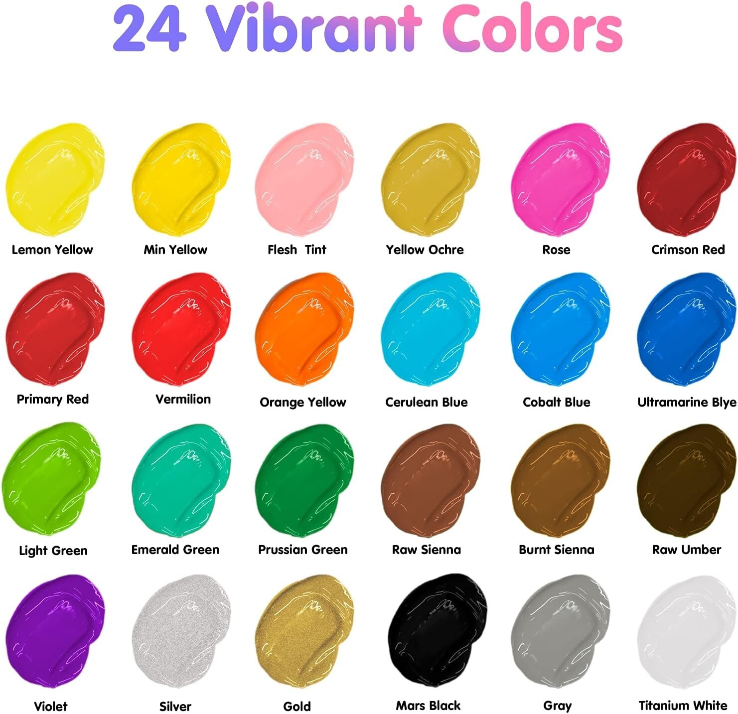 TBC Premium Acrylic Paint Set Non Toxic 24 Colors 12ml Bonus 3 Paint Brushes