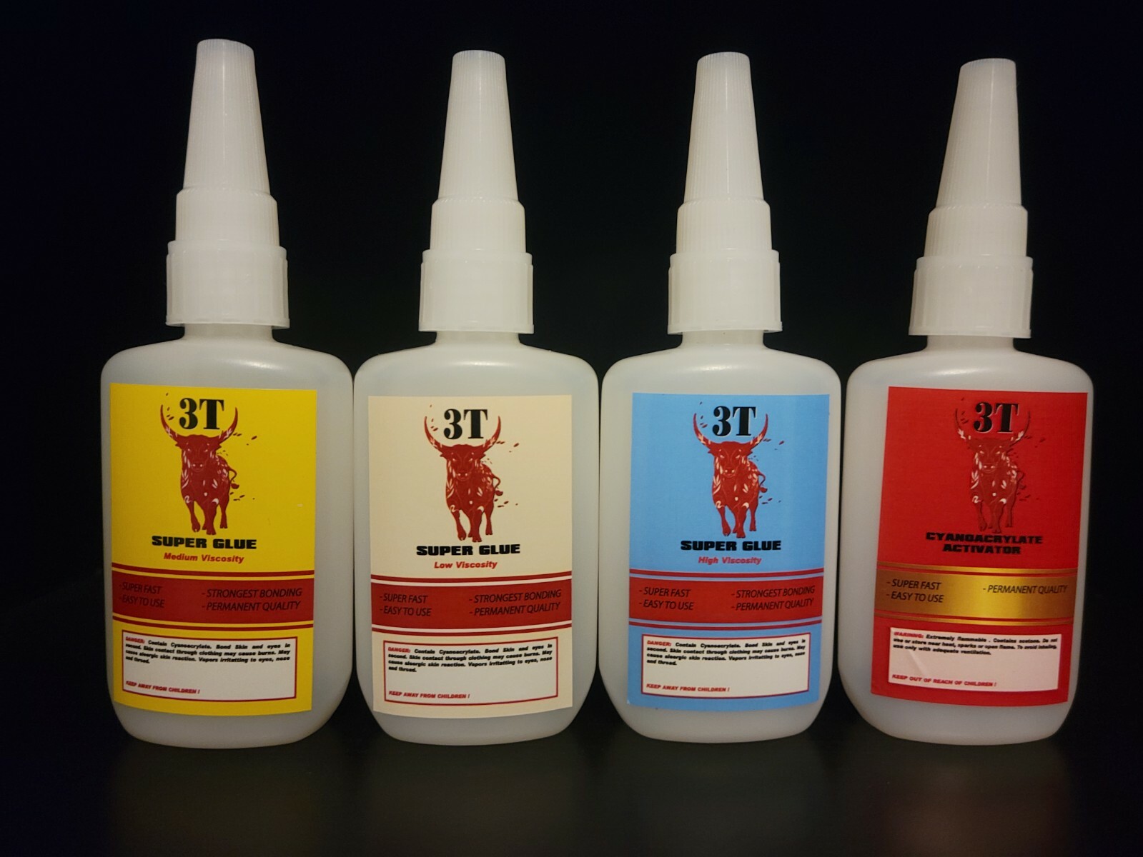 3T 2 oz. Thin, Medium, Thick Supper glue and 2 oz accelerator