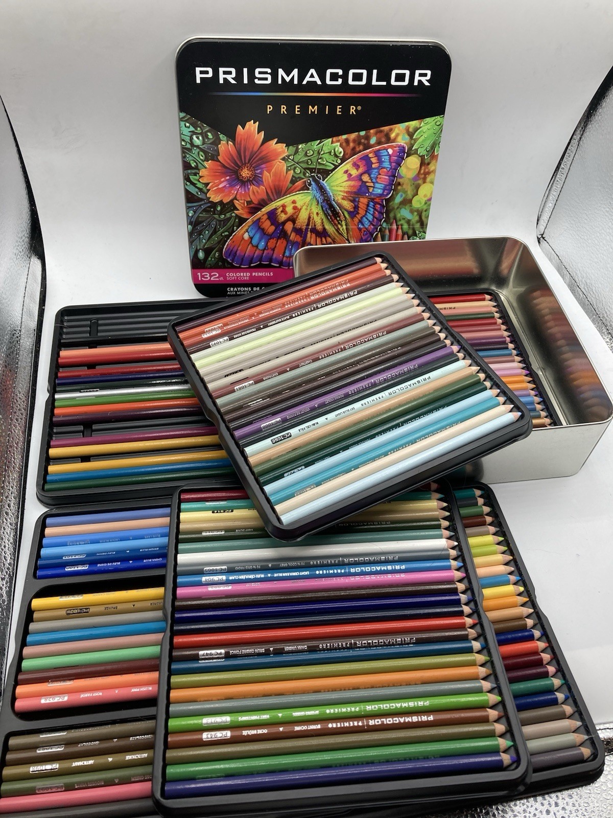 Prismacolor Premier Butterfly Tin 132 Colored Pencils COMPLETE Trays Sanford EUC