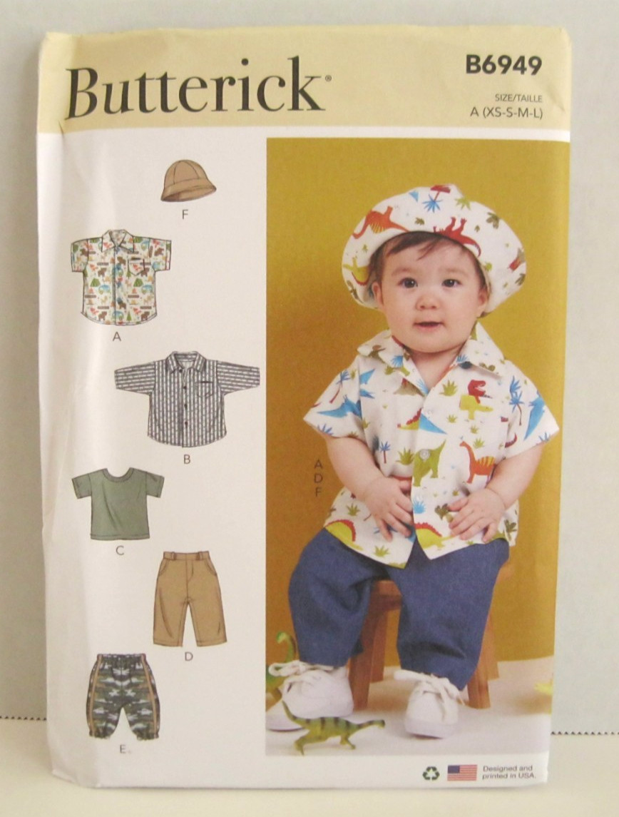 Butterick 6949 Easy Shirts, T-Shirt, Pants & Hat Pattern Baby XS – Lg (1-18 Mo.)