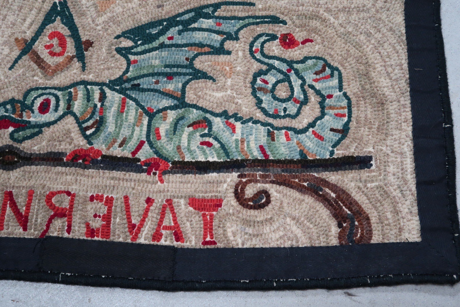 Hand Hooked Wool Rug Green Dragon Tavern Boston Tea Party Masonic Folk Art A3