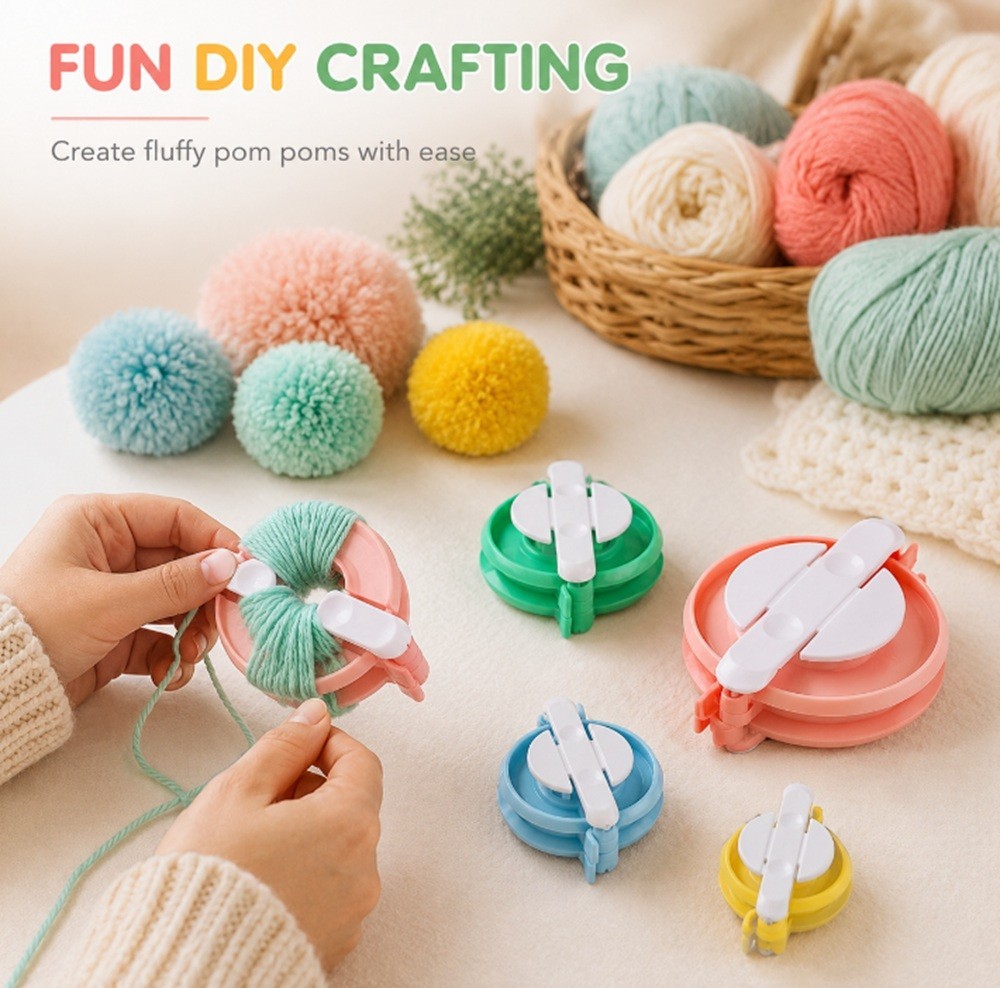 4 Sizes DIY Pompom Maker Kit – Fluff Ball Weaver for Crafting, Knitting & Wool