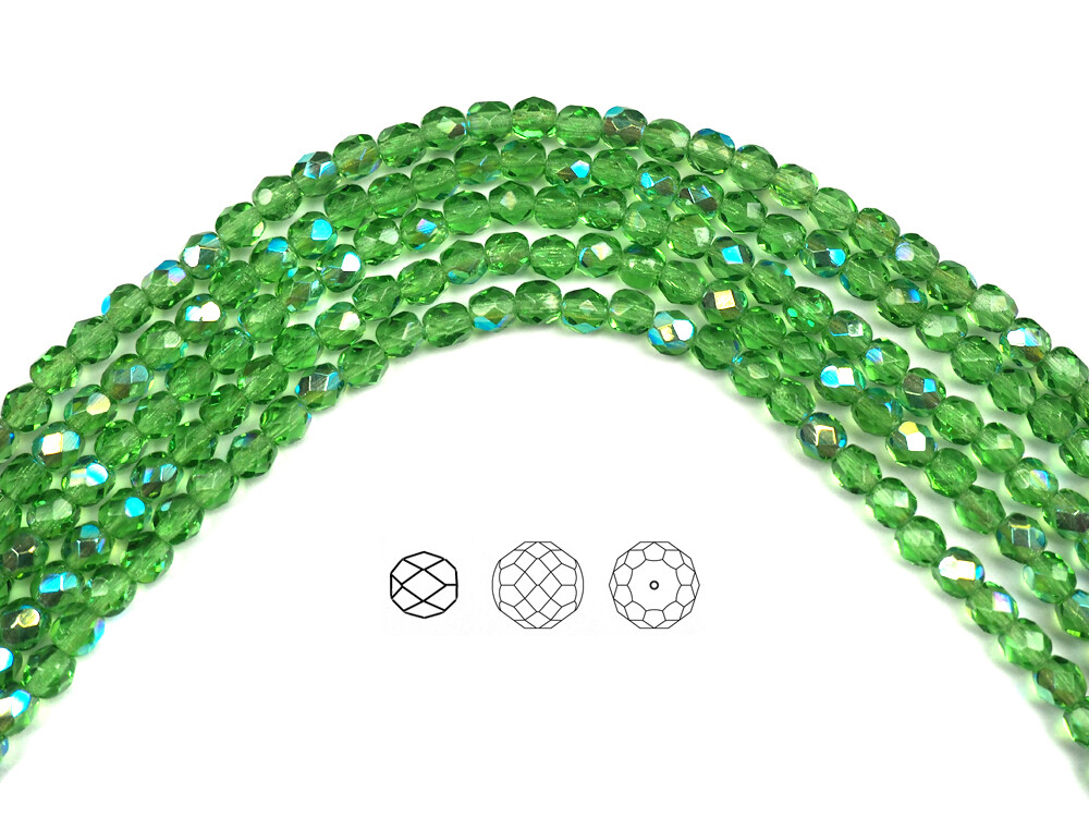 Czech Fire Polished Round Faceted Beads in Peridot AB coated 16″ strand green AB