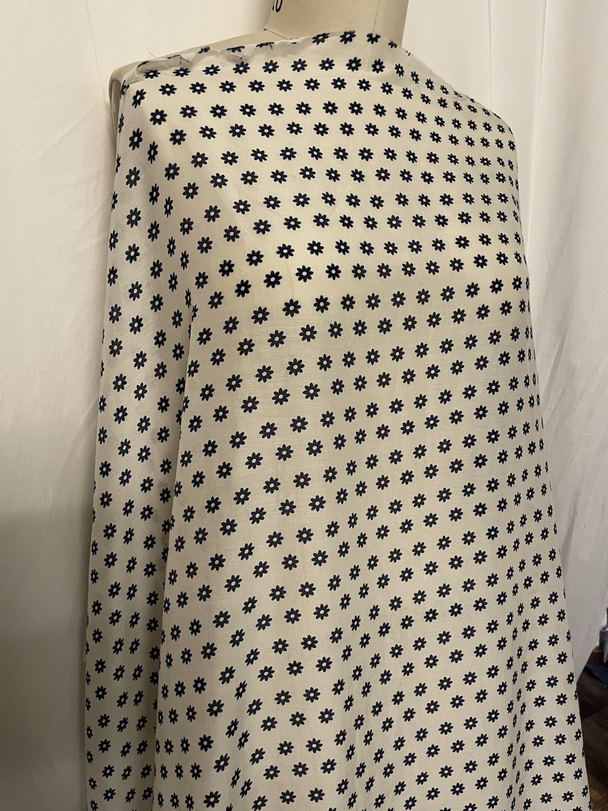 100% Fine Silk Batiste White Navy Blue Floral Motif Fabric 1.75 Yds Long 54″Wide