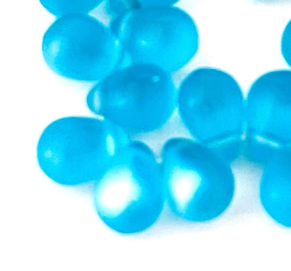25 Czech Frosted Sea Glass Teardrop Beads 8x6mm – Matte Aquamarine AB moonstone