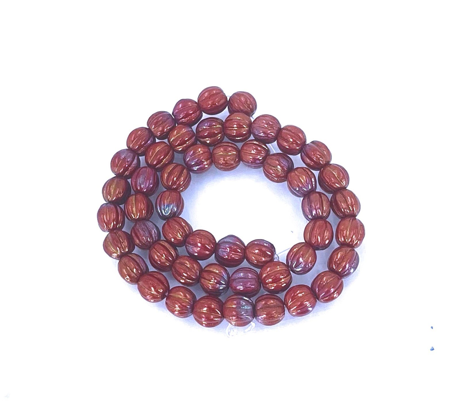 50 Czech Glass Carved Melon Round Beads – Bronze Luster Iris – Opaque Red 5mm