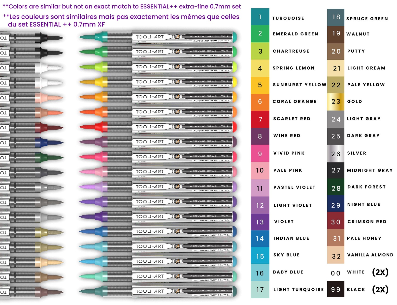 36 Essential Flexible Brush Acrylic Paint Pens AUTOMATIC FLOW CONTROL 1-5mm