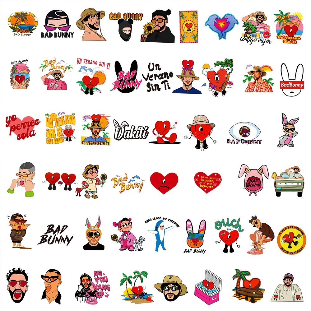 50pcs New Bad Bunny Doodle Stickers, Waterproof Stickers For Phone Laptop Car