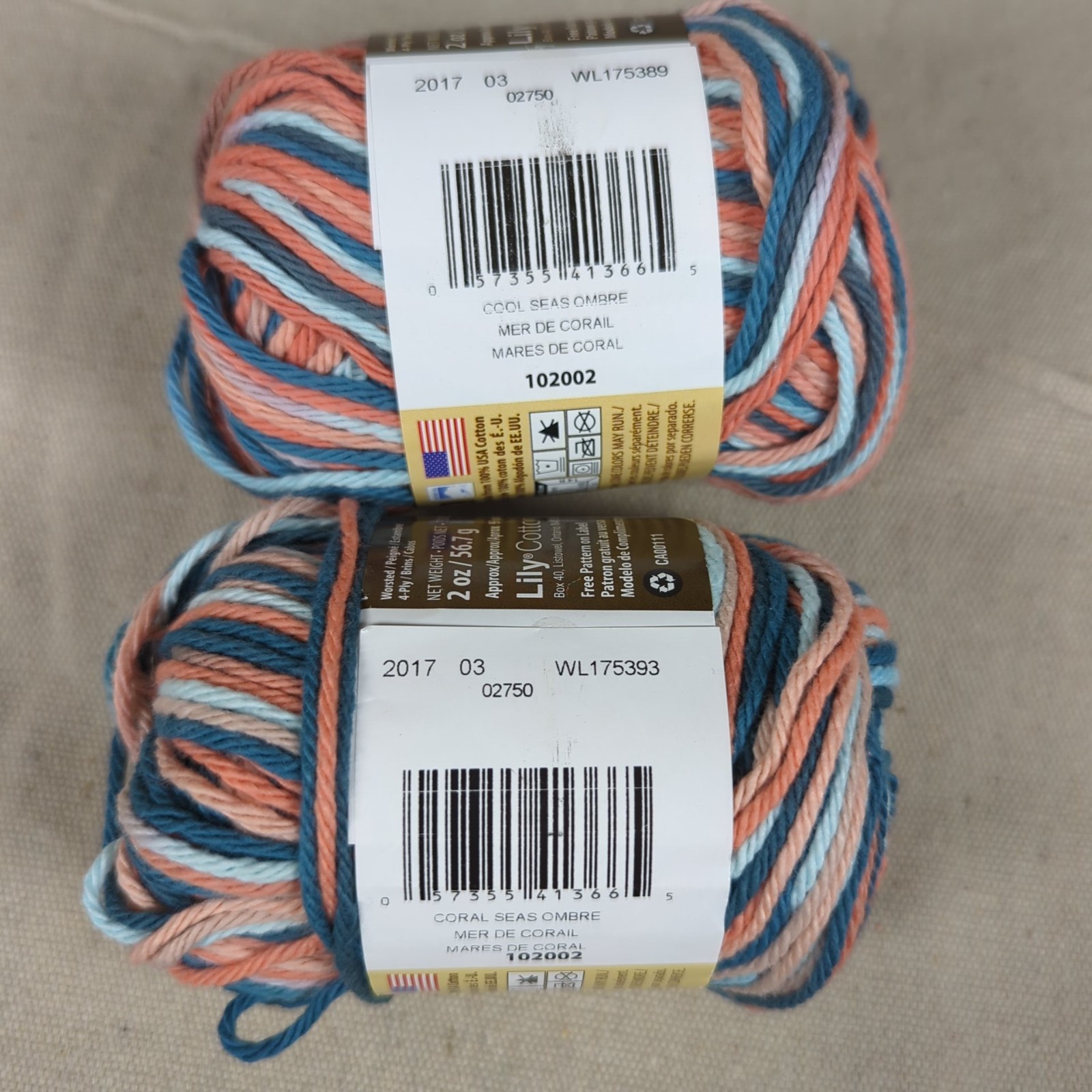 Lily Sugar ‘n Cream Cotton Yarn Coral Seas Ombre Lot 2 skein 4-ply 2.0oz / 95yds