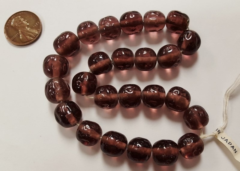 24 VINTAGE JAPANESE CHERRY BRAND GLASS AMETHYST 11mm. BAROQUE ROUND BEADS 4677T
