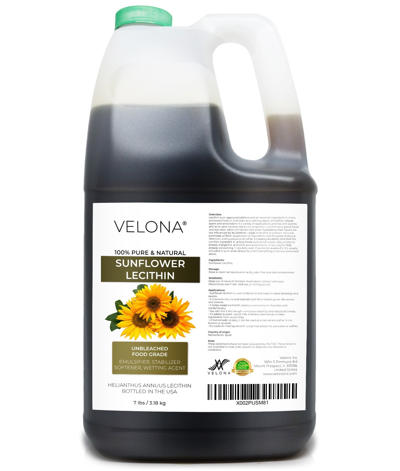 Sunflower Lecithin by Velona 2oz-7lb Unrefined Cold Pressed Hair Body Skin Care