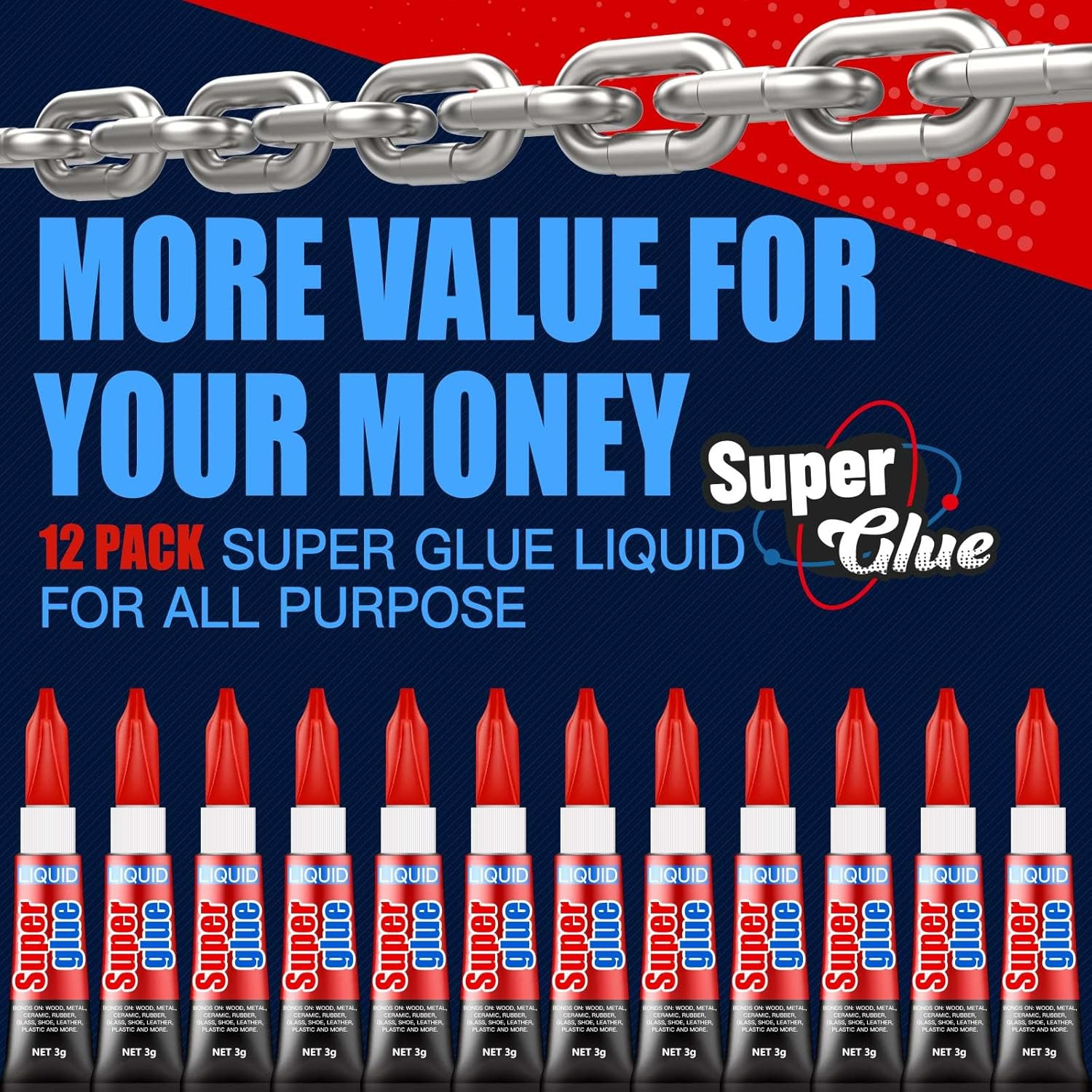 3 Gram (Pack of 12) Single Use Super Glue Liquid, Super Fast, Thin & Strong Adhe