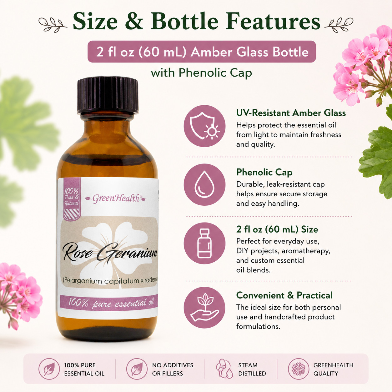 2 fl oz Rose Geranium Essential Oil (100% Pure & Natural) – GreenHealth