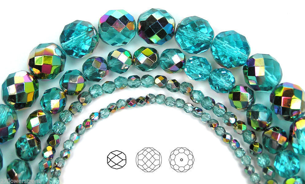 Czech Glass Fire Polished Round Faceted Beads blue Aqua Vitrail coated 16″strand