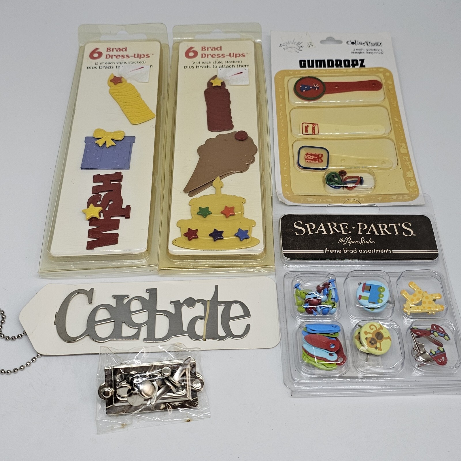 Lot of Embellishments for Scrapbooking Brads Happy Birthday Etc