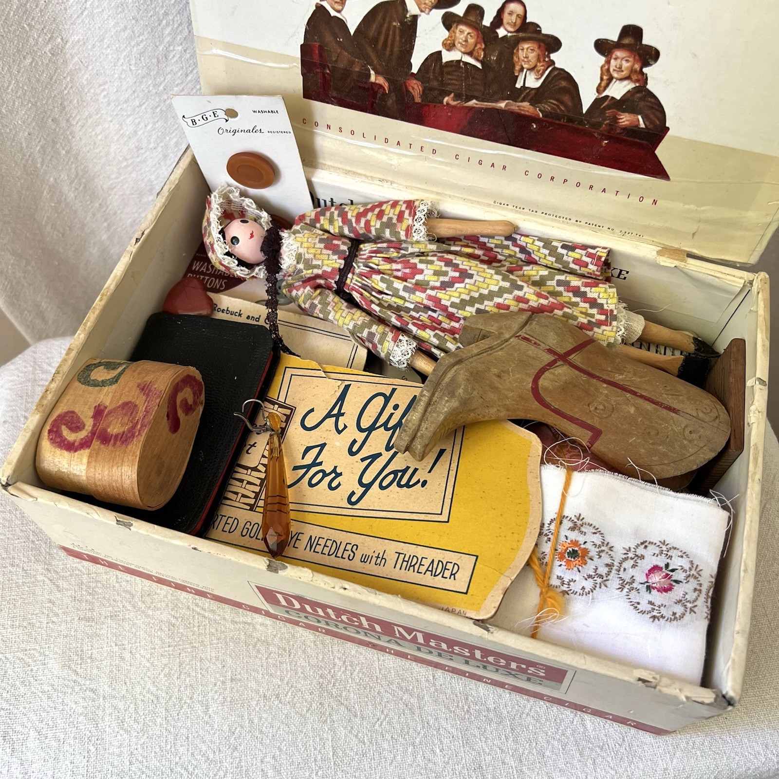 Vintage Sewing Kit / Junk Drawer / Trinket Box Dolls Pin Cushion Notions Buttons