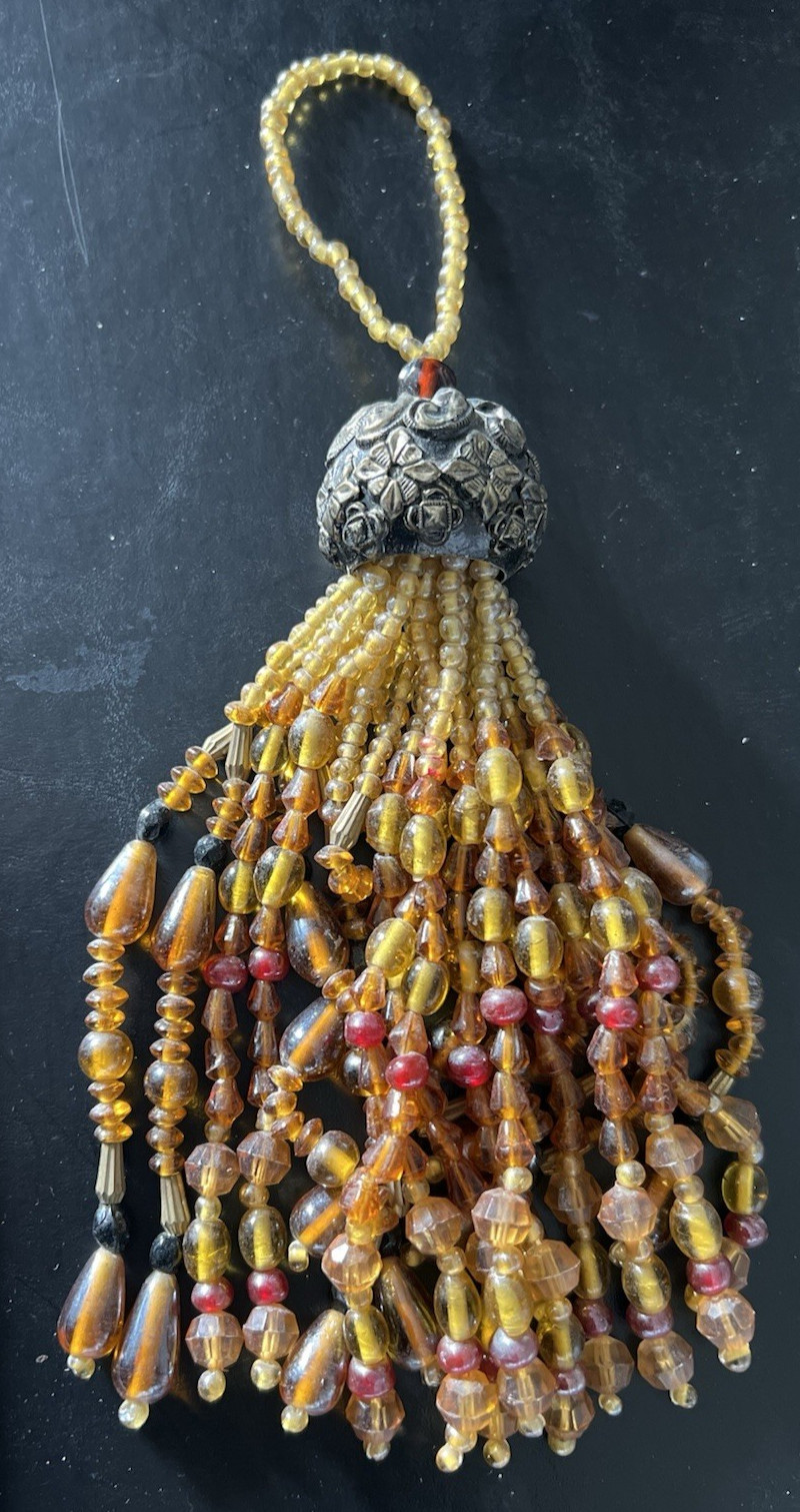 Amber glass gold tones warm Color Heavy Beaded Tassel Holiday ornament rich 7″