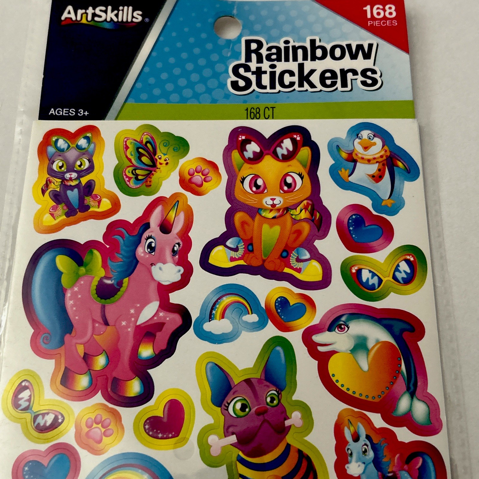 168pc Rainbow Stickers Unicorn Cat Dog Dolphin Paw Prints Hearts Art Skills