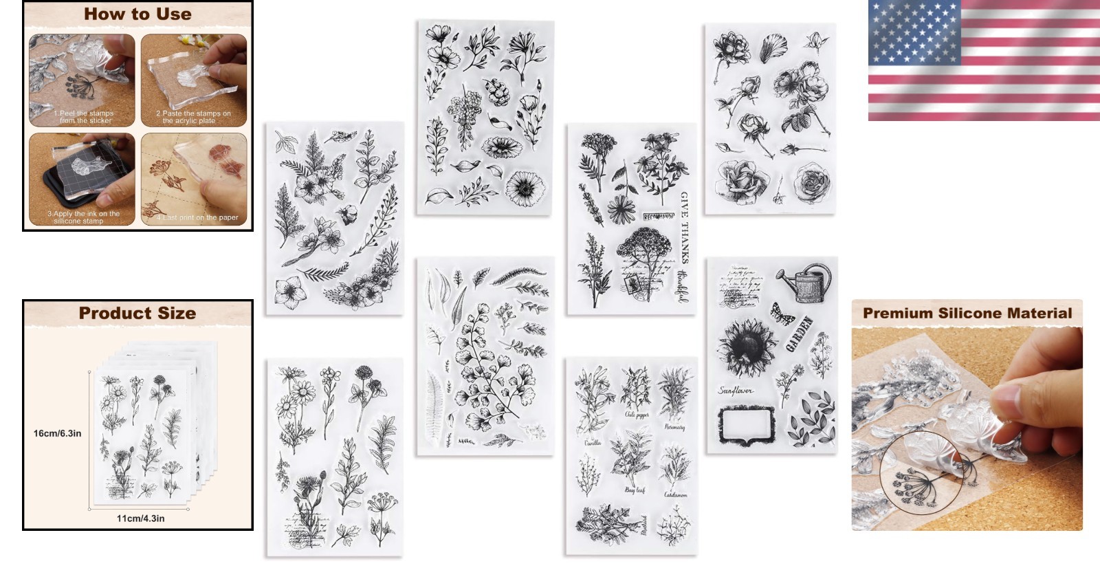 Silicone Flower Stamp Set – 8 Sheets Vintage Plants