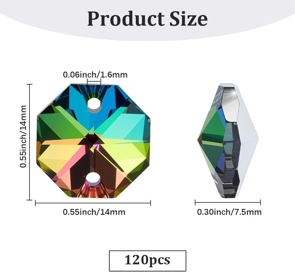 120Pcs Colorful 14Mm Octagonal Crystal Beads 2 Holes Glass Octagon Prism Beads