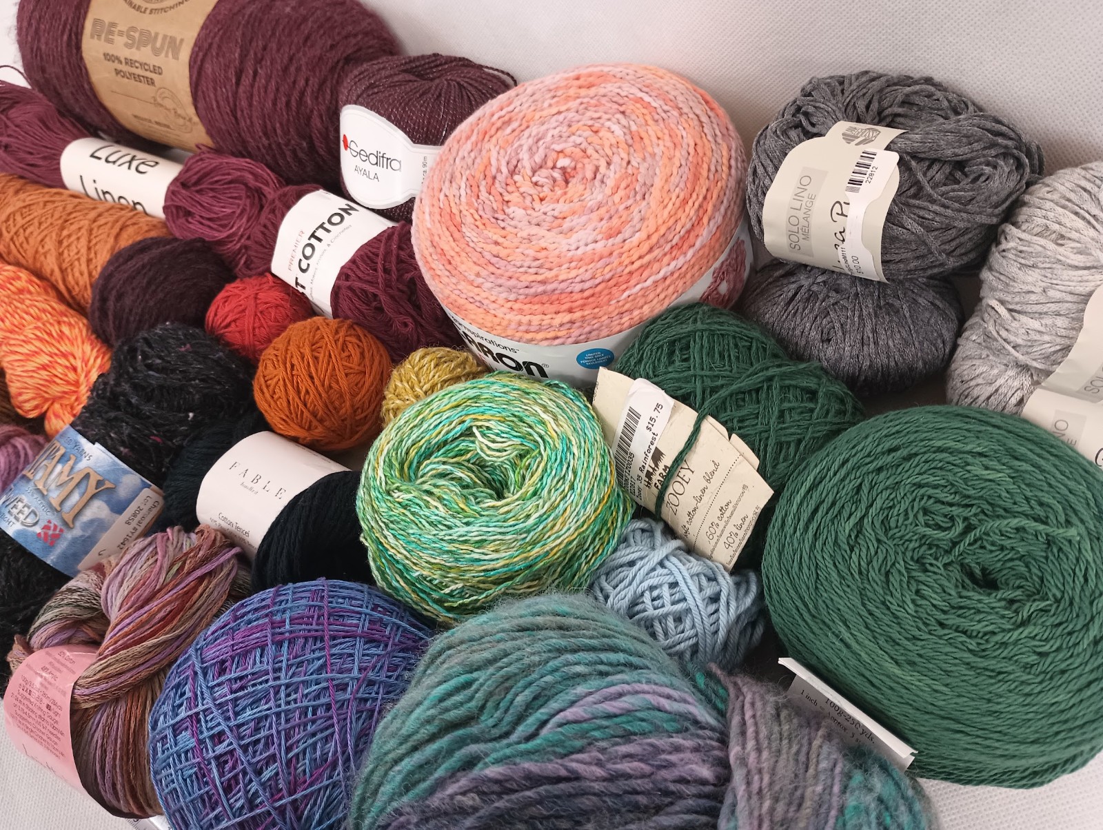 LOT of 27 yarns VEGAN rainbow (minimal acrylic) cotton linen Designer 4LB+15oz