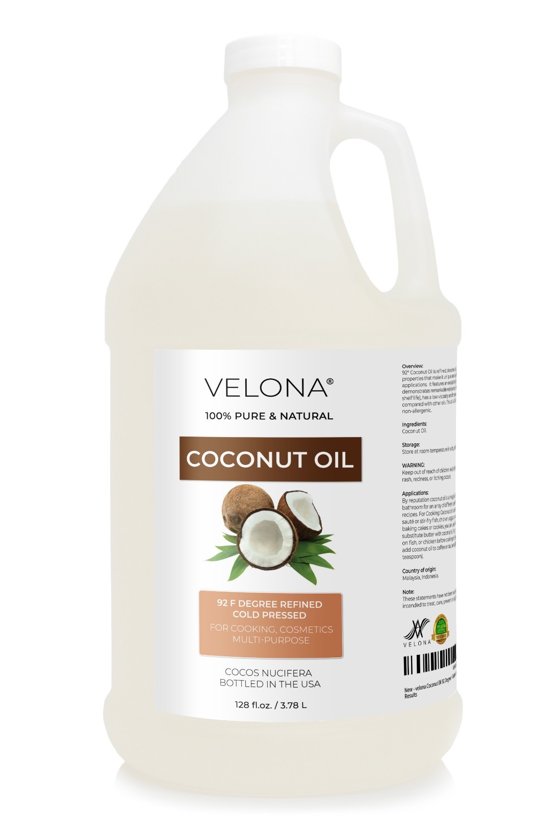 Coconut Oil 92 Degree by Velona – 2oz-7lb in jar Refined Cold pressed Skin Body