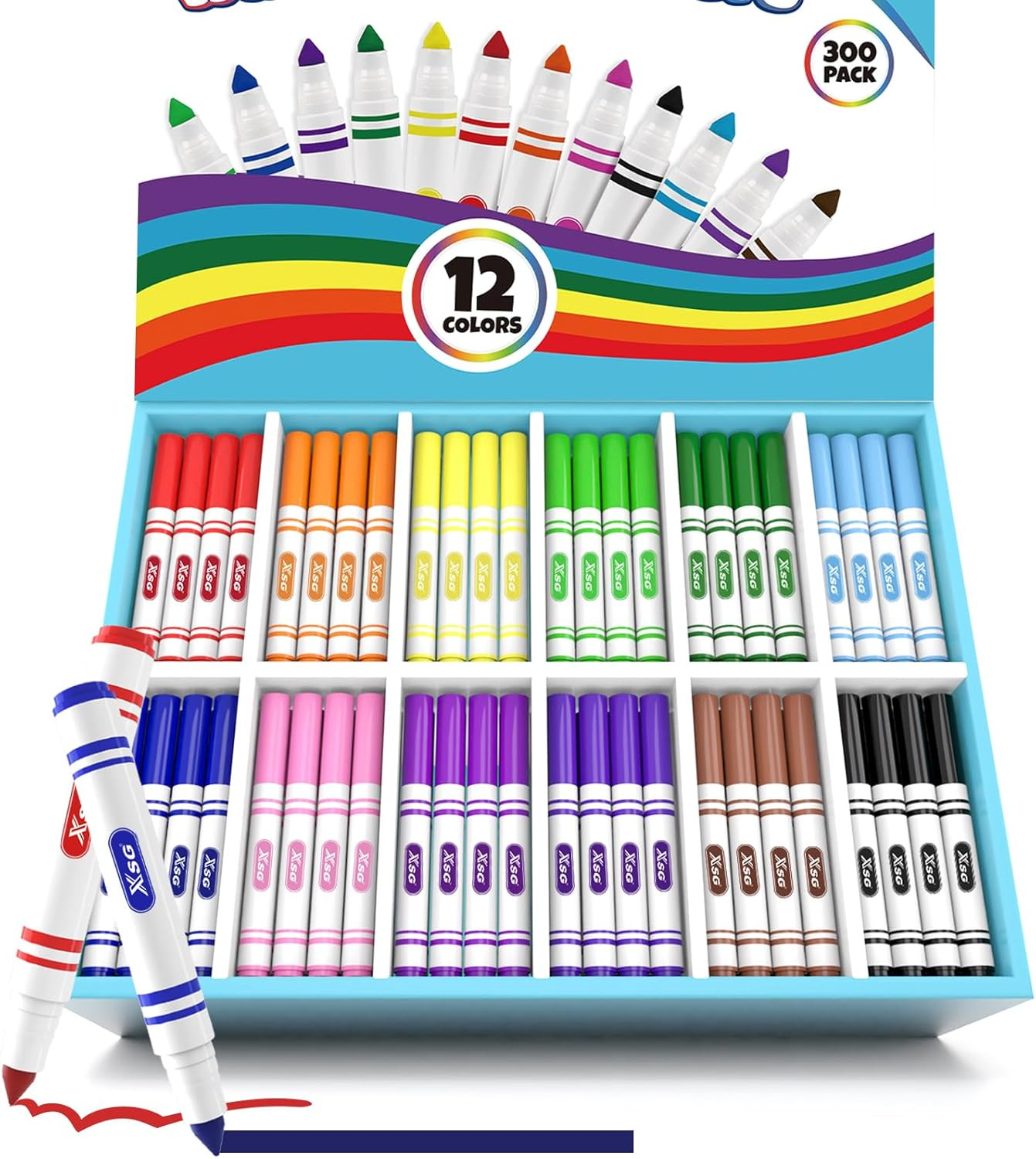 Washable Markers Bulk 300-Count for Classroom, 12 Color Bulk Markers Pack Withbr