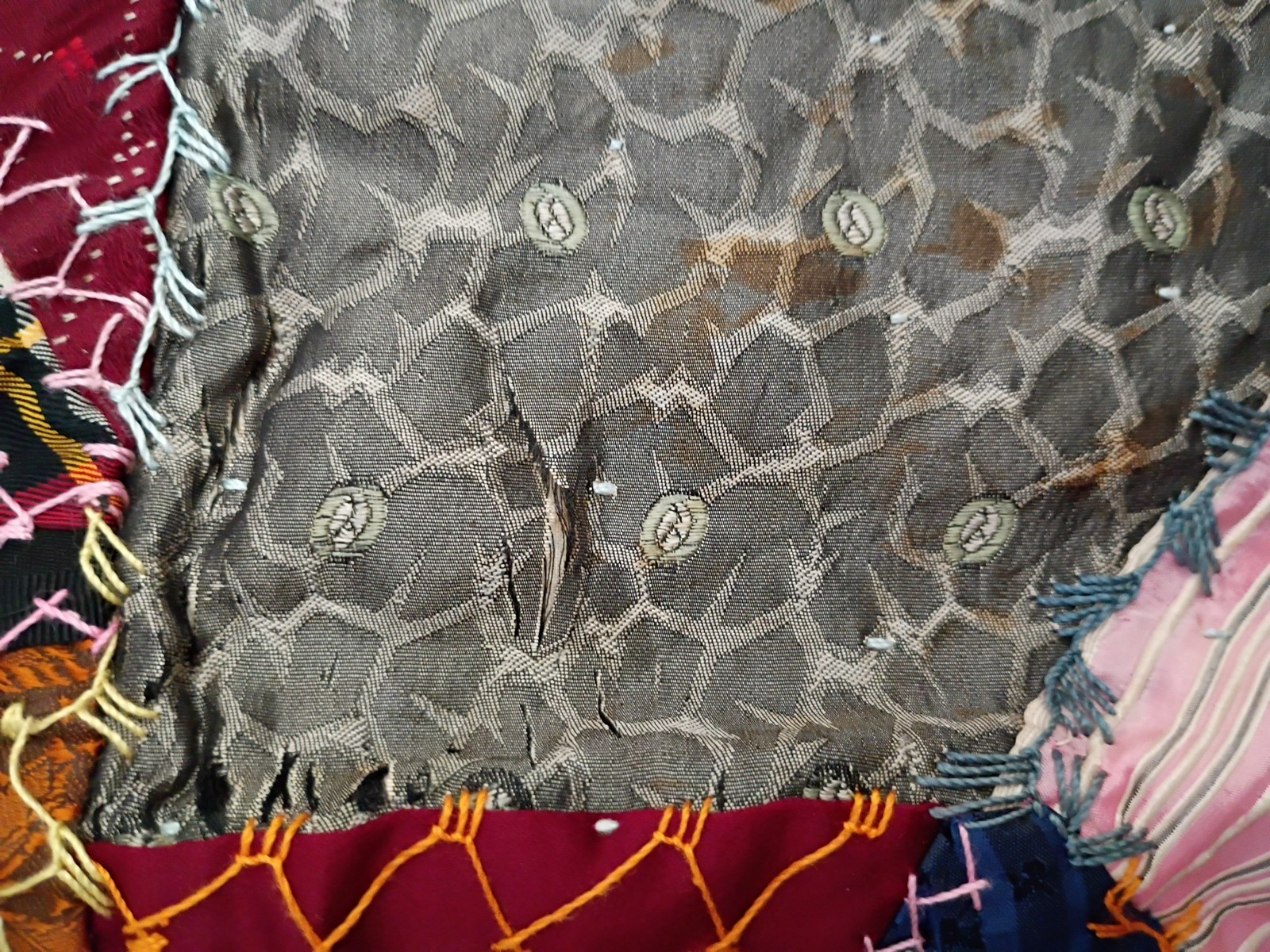 Crazy Quilt Throw Art Heirloom Fabric Abstract Embroidery Skillfully Made