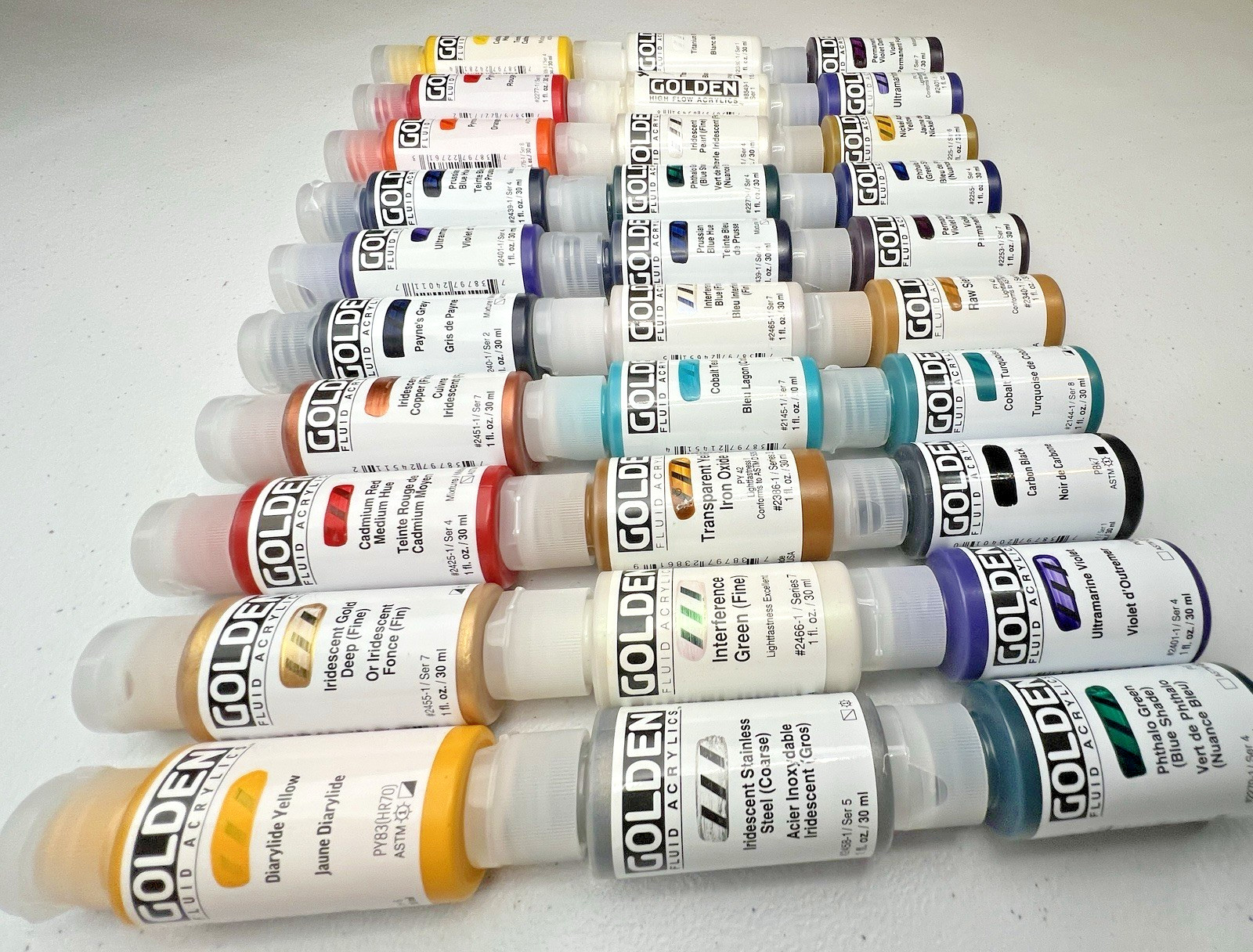 Lot of 30 Golden Fluid Acrylics 1 fl oz. / 30 ml High Series Paint Bottles – NEW