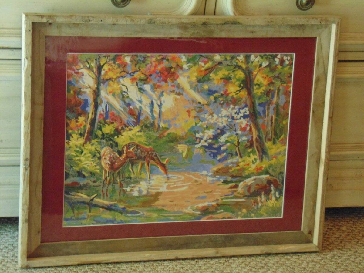 FRAMED DEER PAINT BY NUMBER signed Steve Davis custom wood frame matte & glass