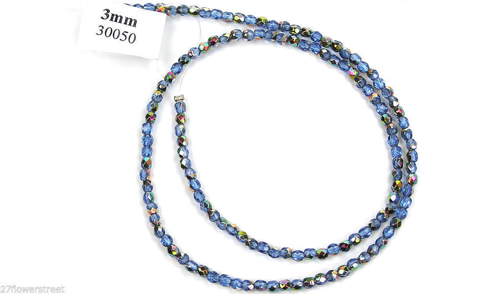 Czech Fire Polished Round Faceted Glass Beads in Sapphire Vitrail coated, blue