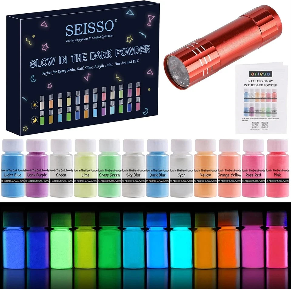 Glow in the Dark Powder 12 Colors Epoxy Resin Dye Luminous Pigment Powder Safe L