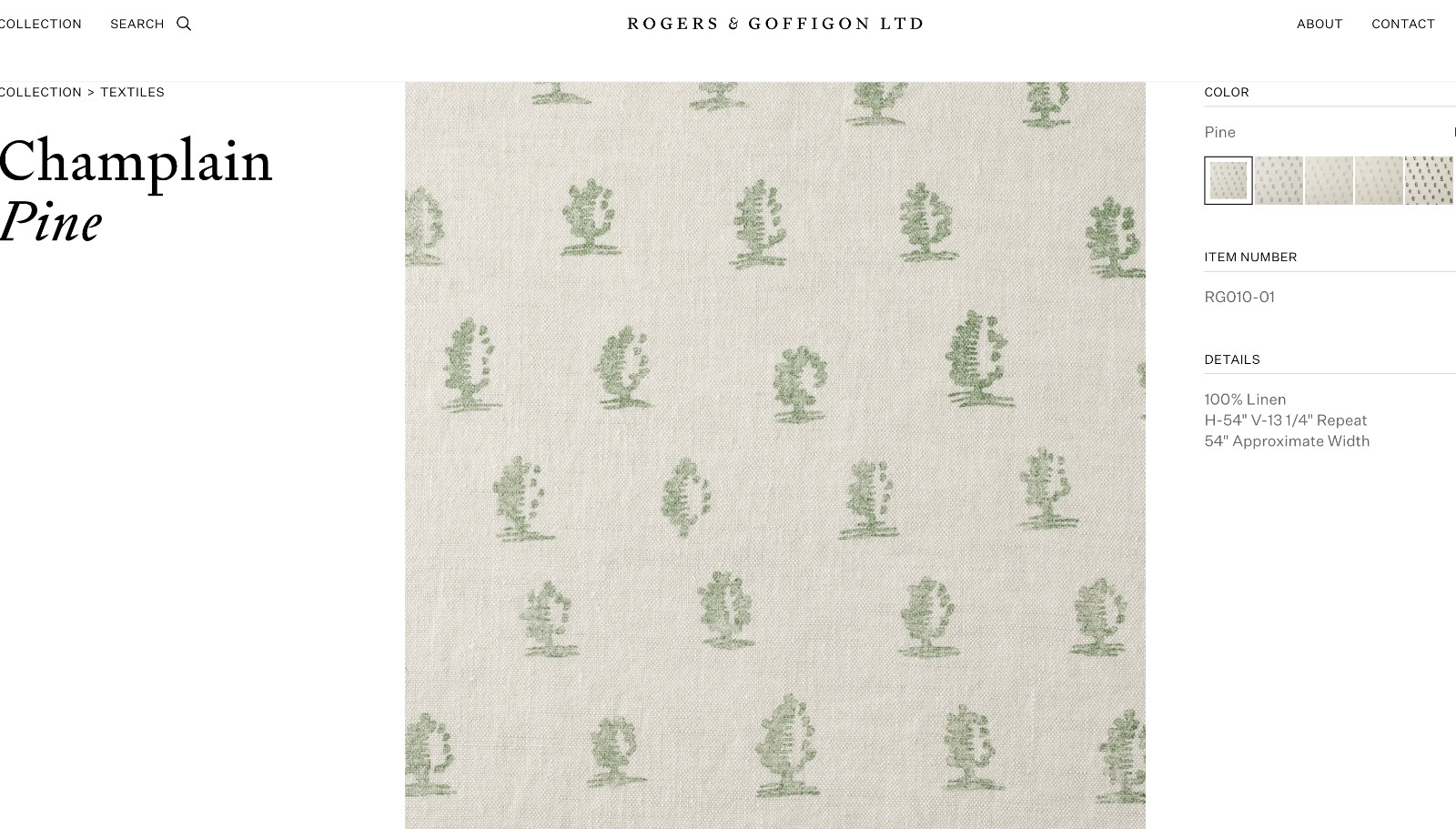 Rogers & Goffigon CHAMPLAIN — PINE Green 100% Linen Print Fabric LARGE REMNANT