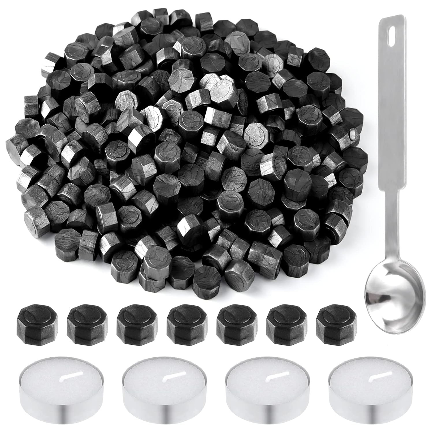 500 Pcs Black Octagon Sealing Wax Beads Kit with Melting Spoon 4 Tea Candles….